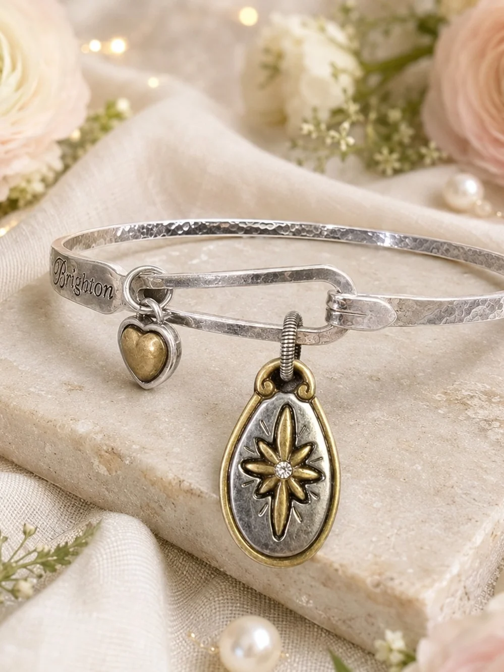 Brighton Two-Tone Heart & Floral Teardrop Charm Bangle - Silver & Gold